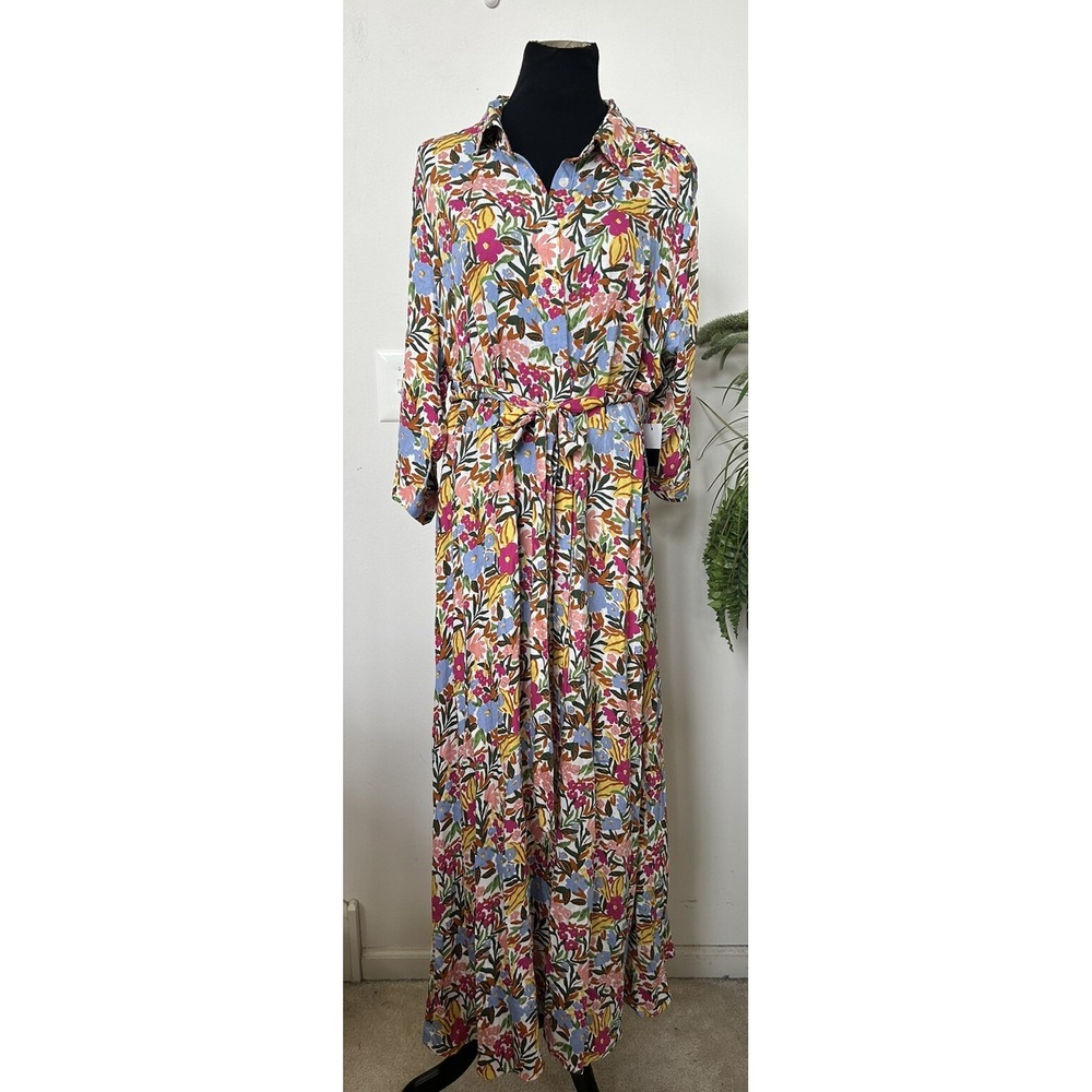 NWT ELOQUII Elements Women's Plus Tie Waist Floral Maxi Short Sleeve Dress Sz 22